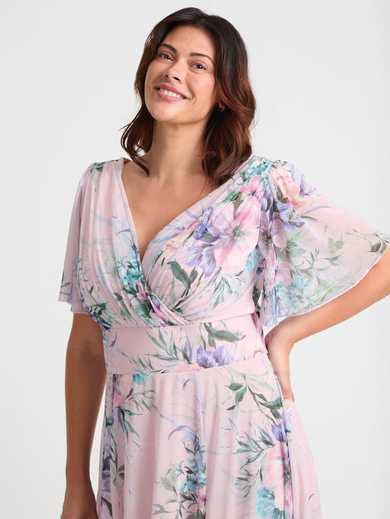 Victoria Pink Grey Angel Sleeve Mesh Long Midi Dress