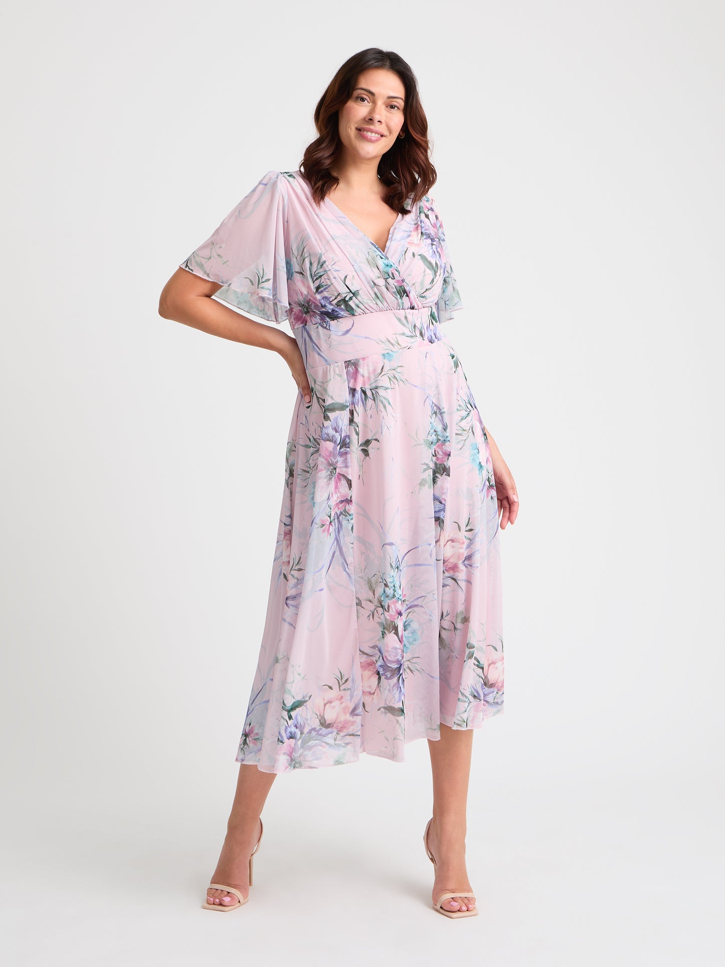 Victoria Pink Grey Angel Sleeve Mesh Long Midi Dress