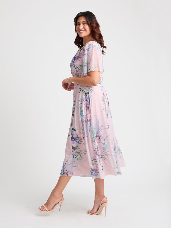 Victoria Pink Grey Angel Sleeve Mesh Long Midi Dress