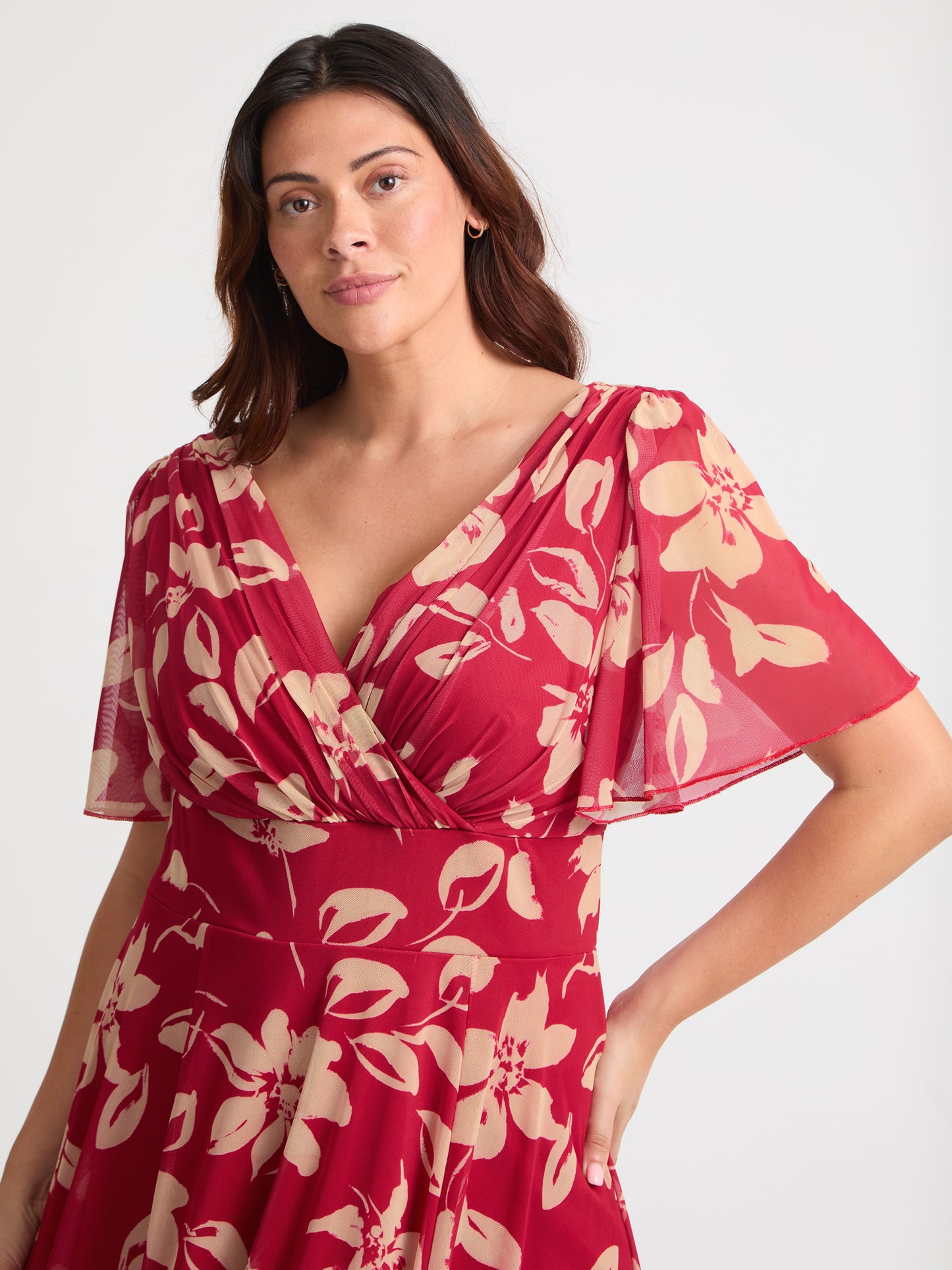 Victoria Red Cream Angel Sleeve Mesh Long Midi Dress