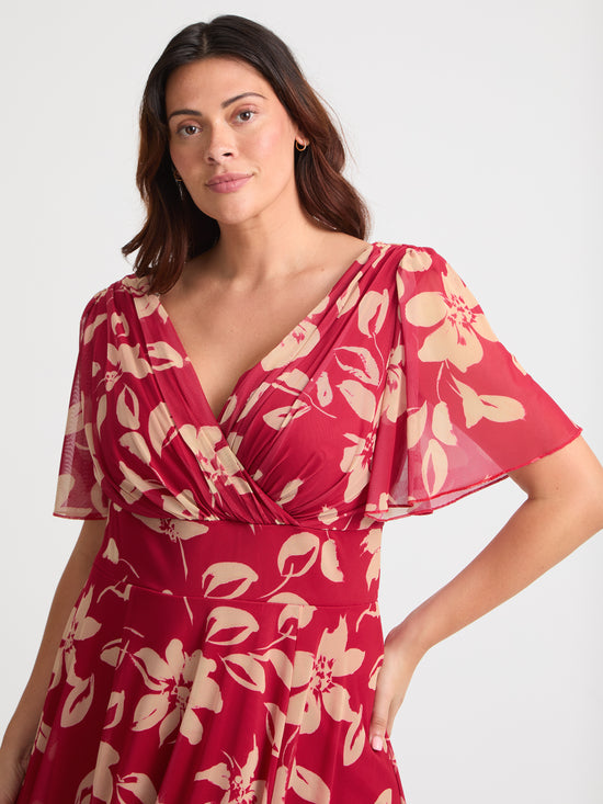 Victoria Red Cream Angel Sleeve Mesh Long Midi Dress