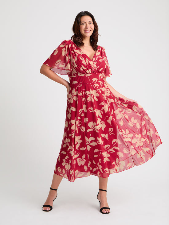 Victoria Red Cream Angel Sleeve Mesh Long Midi Dress