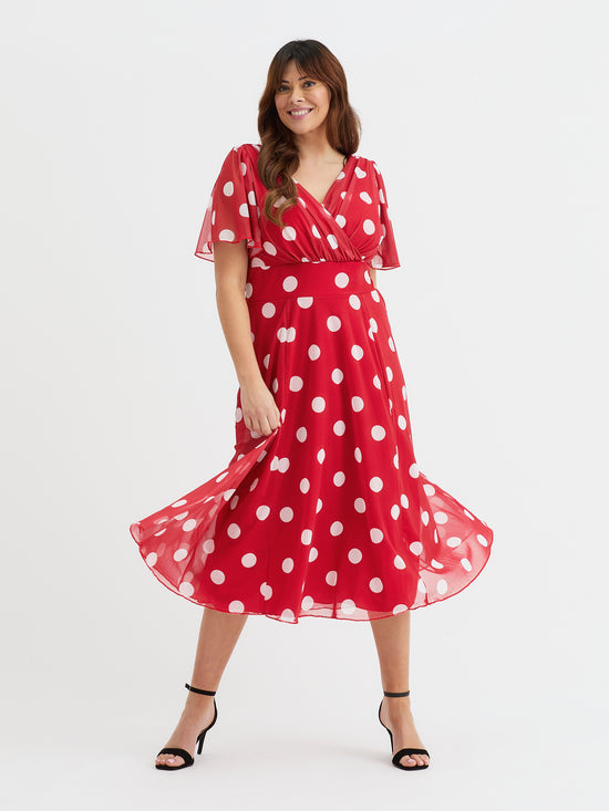 Victoria Red Spot Angel Sleeve Mesh Long Midi Dress