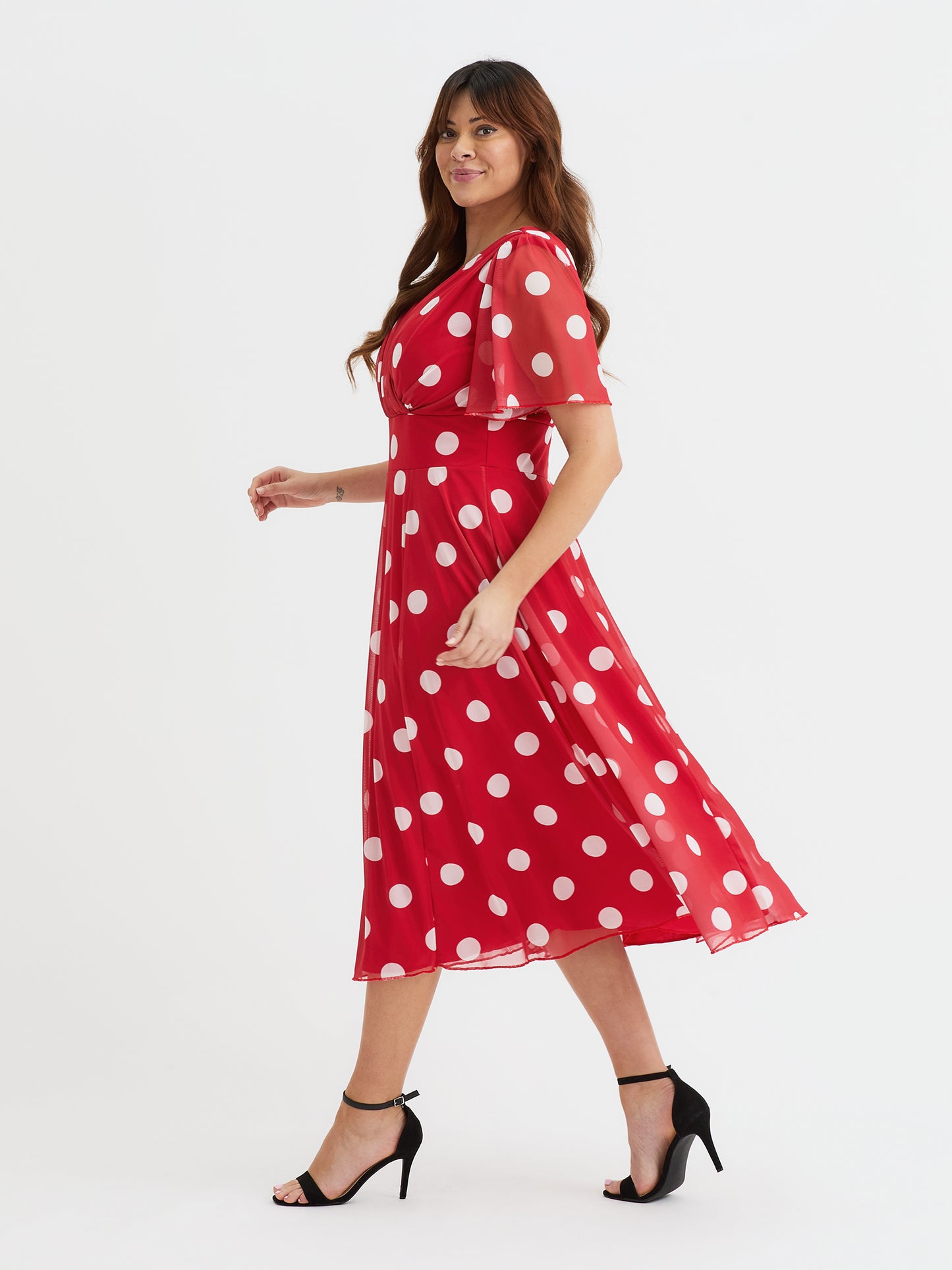 Victoria Red Spot Angel Sleeve Mesh Long Midi Dress