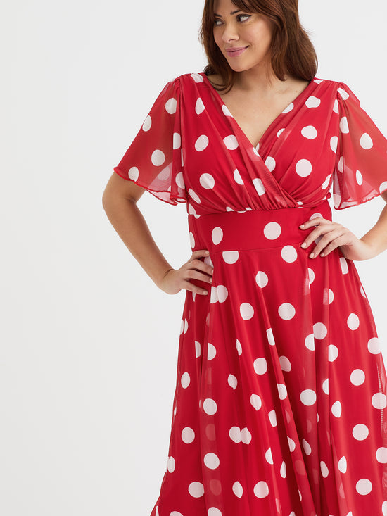 Victoria Red Spot Angel Sleeve Mesh Long Midi Dress