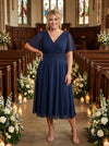 Victoria Solid Navy Angel Sleeve Mesh Midi Dress