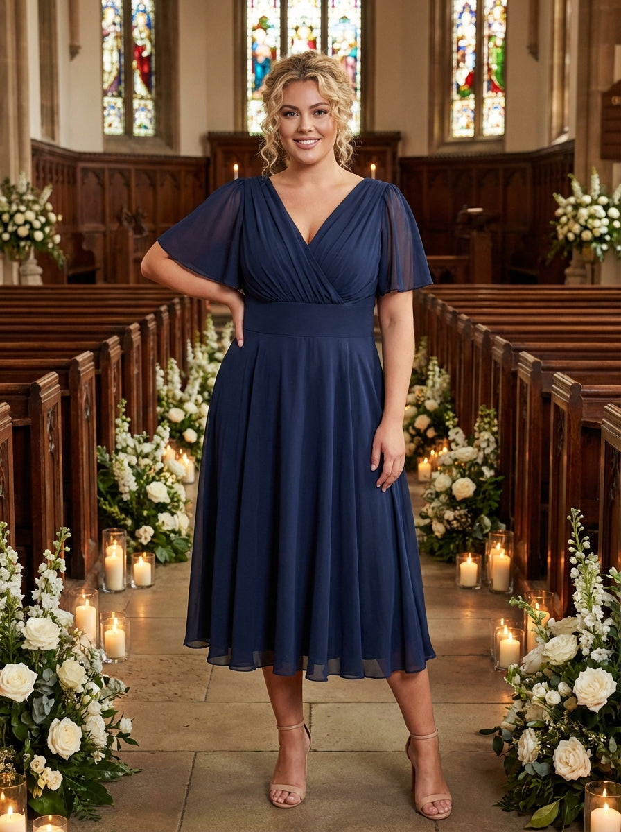 Victoria Solid Navy Angel Sleeve Mesh Midi Dress