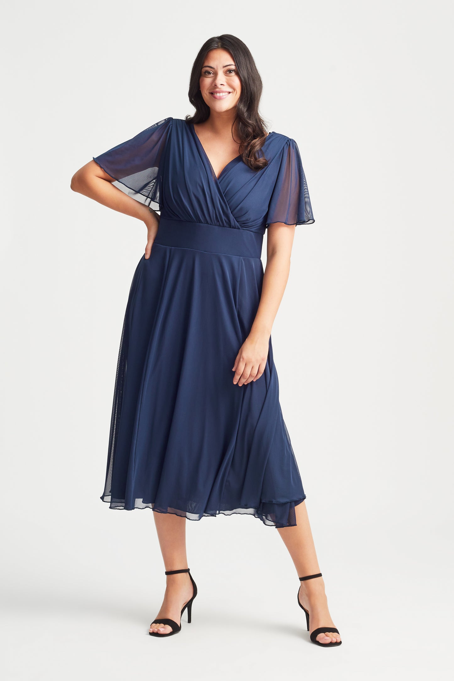 Victoria Solid Navy Angel Sleeve Mesh Midi Dress