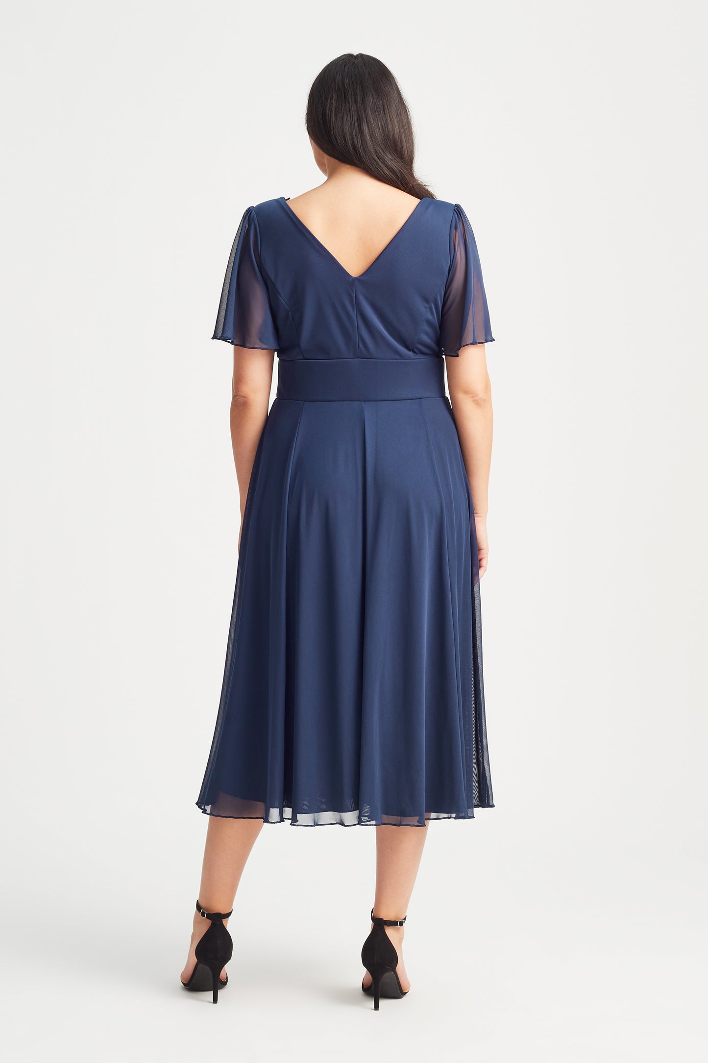 Victoria Solid Navy Angel Sleeve Mesh Midi Dress