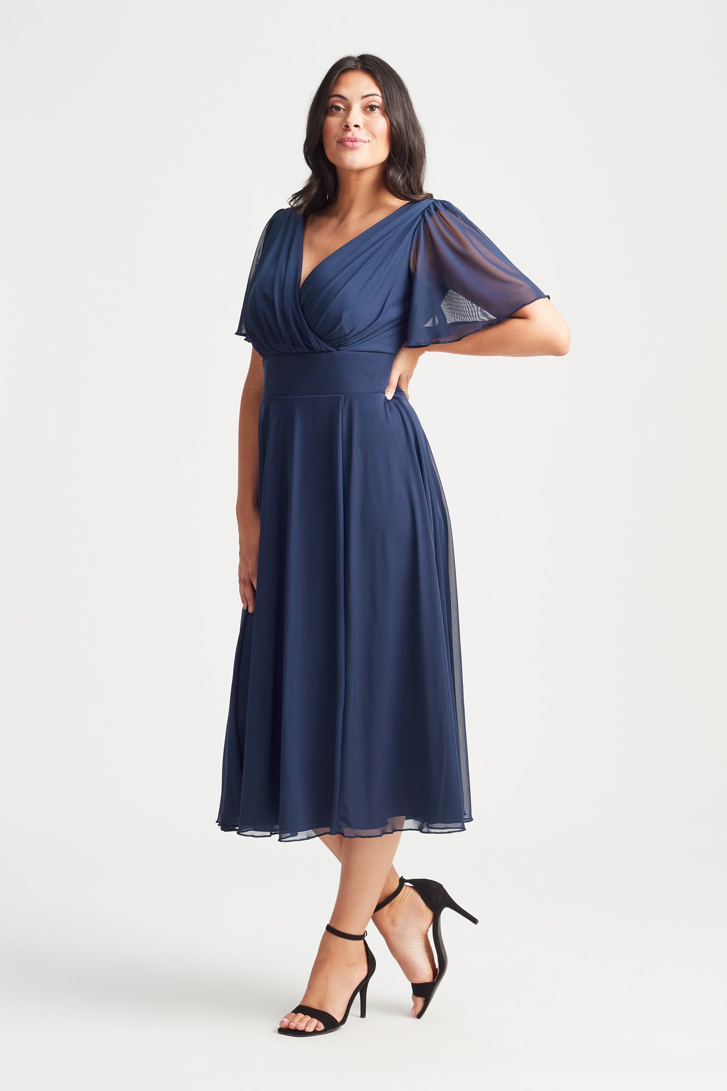 Victoria Solid Navy Angel Sleeve Mesh Midi Dress