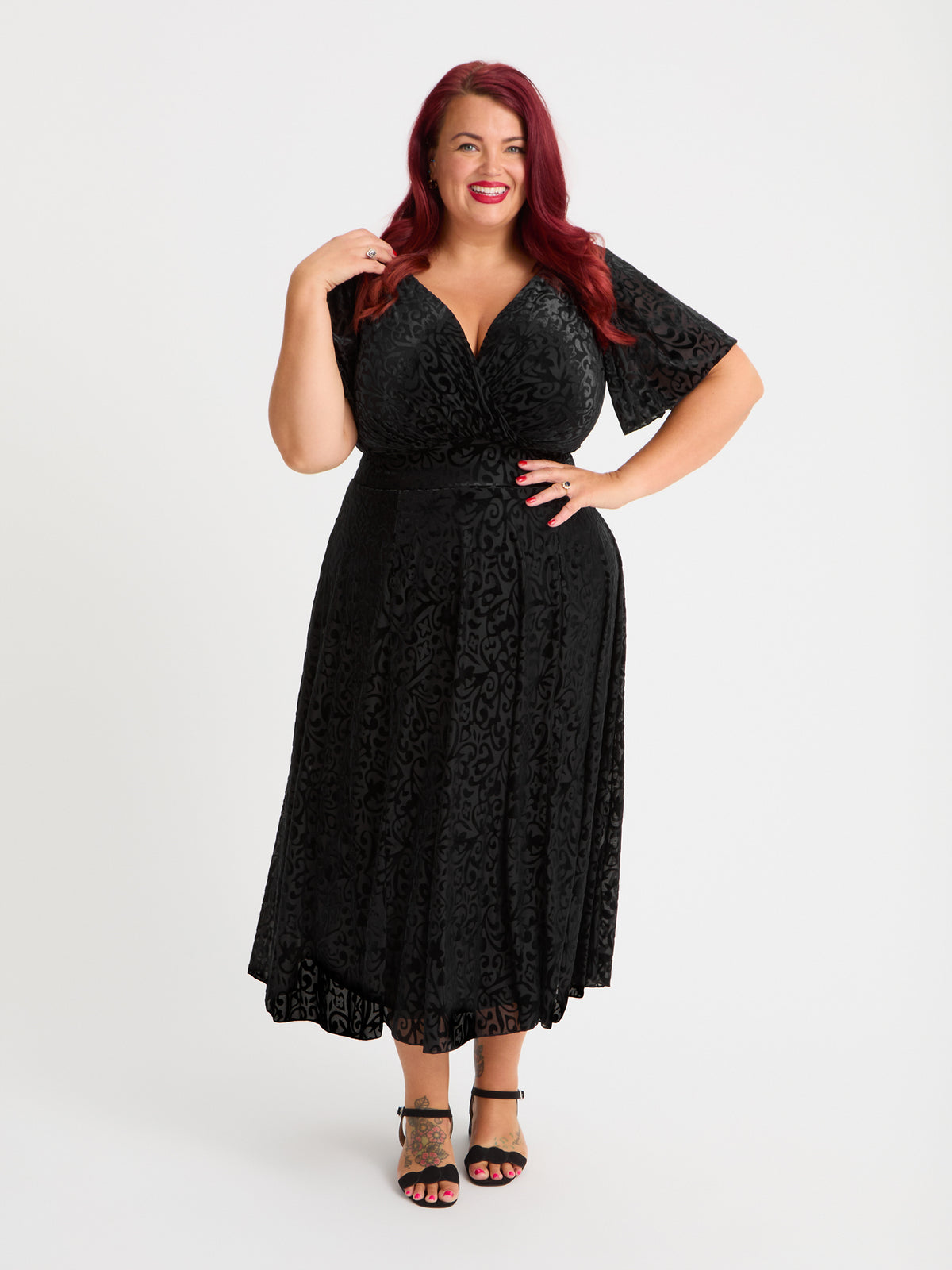 Petite Victoria Vintage Black Devore Angel Sleeve Mesh Long Midi Dress