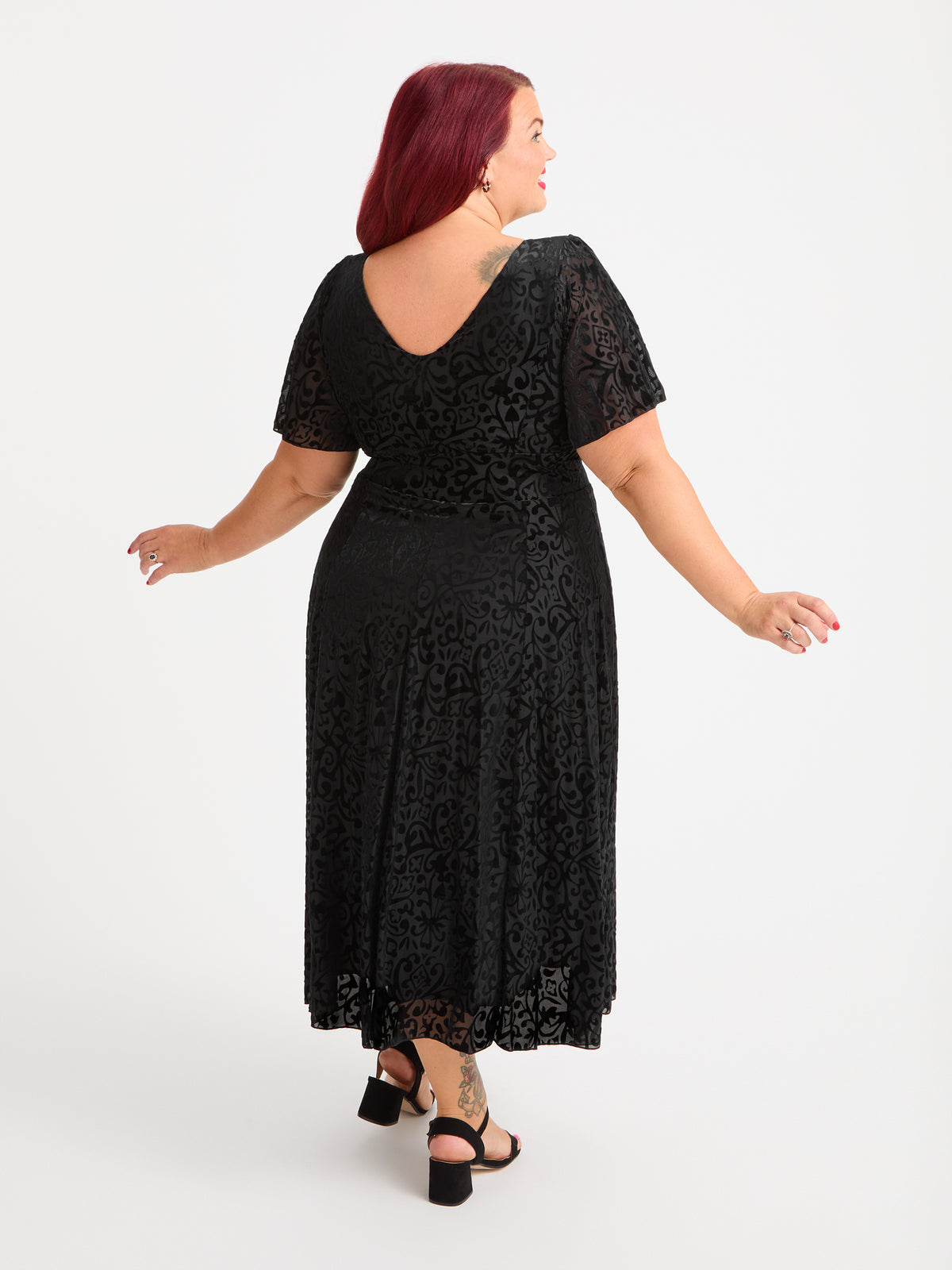 Petite Victoria Vintage Black Devore Angel Sleeve Mesh Long Midi Dress