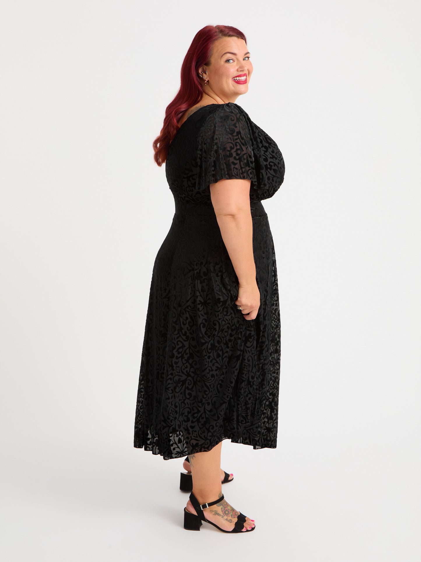 Petite Victoria Vintage Black Devore Angel Sleeve Mesh Long Midi Dress