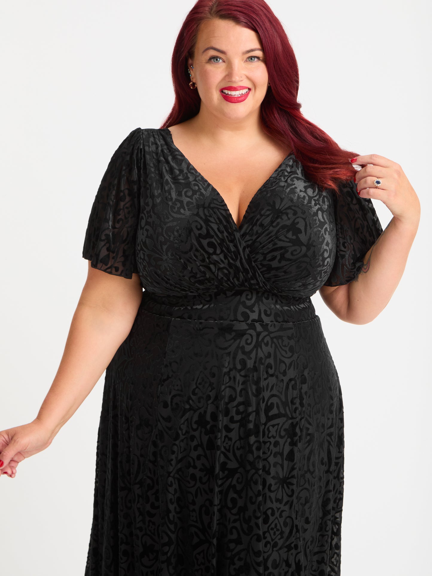 Petite Victoria Vintage Black Devore Angel Sleeve Mesh Long Midi Dress