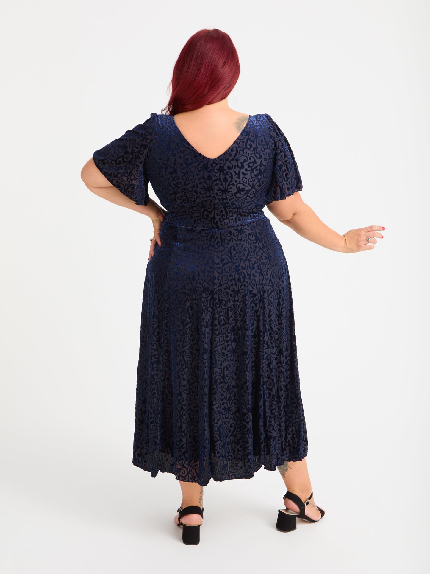 Petite Victoria Vintage Midnight Devore Angel Sleeve Mesh Long Midi Dress