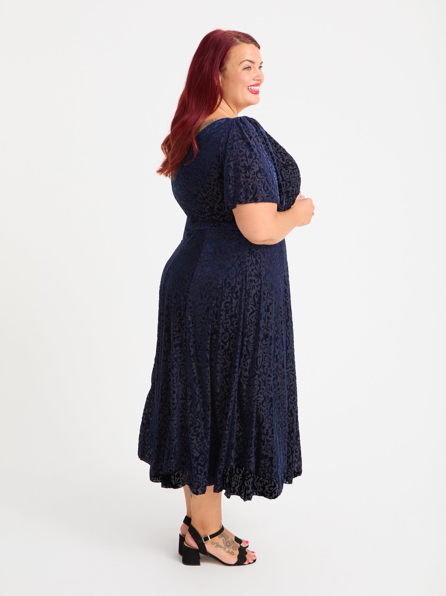 Petite Victoria Vintage Midnight Devore Angel Sleeve Mesh Long Midi Dress
