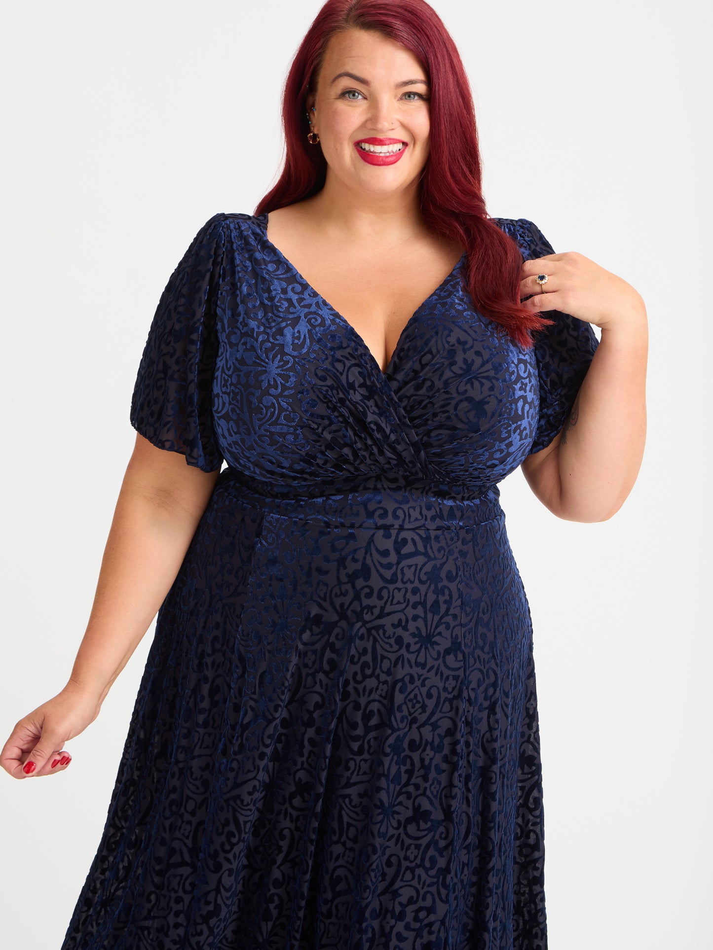 Petite Victoria Vintage Midnight Devore Angel Sleeve Mesh Long Midi Dress