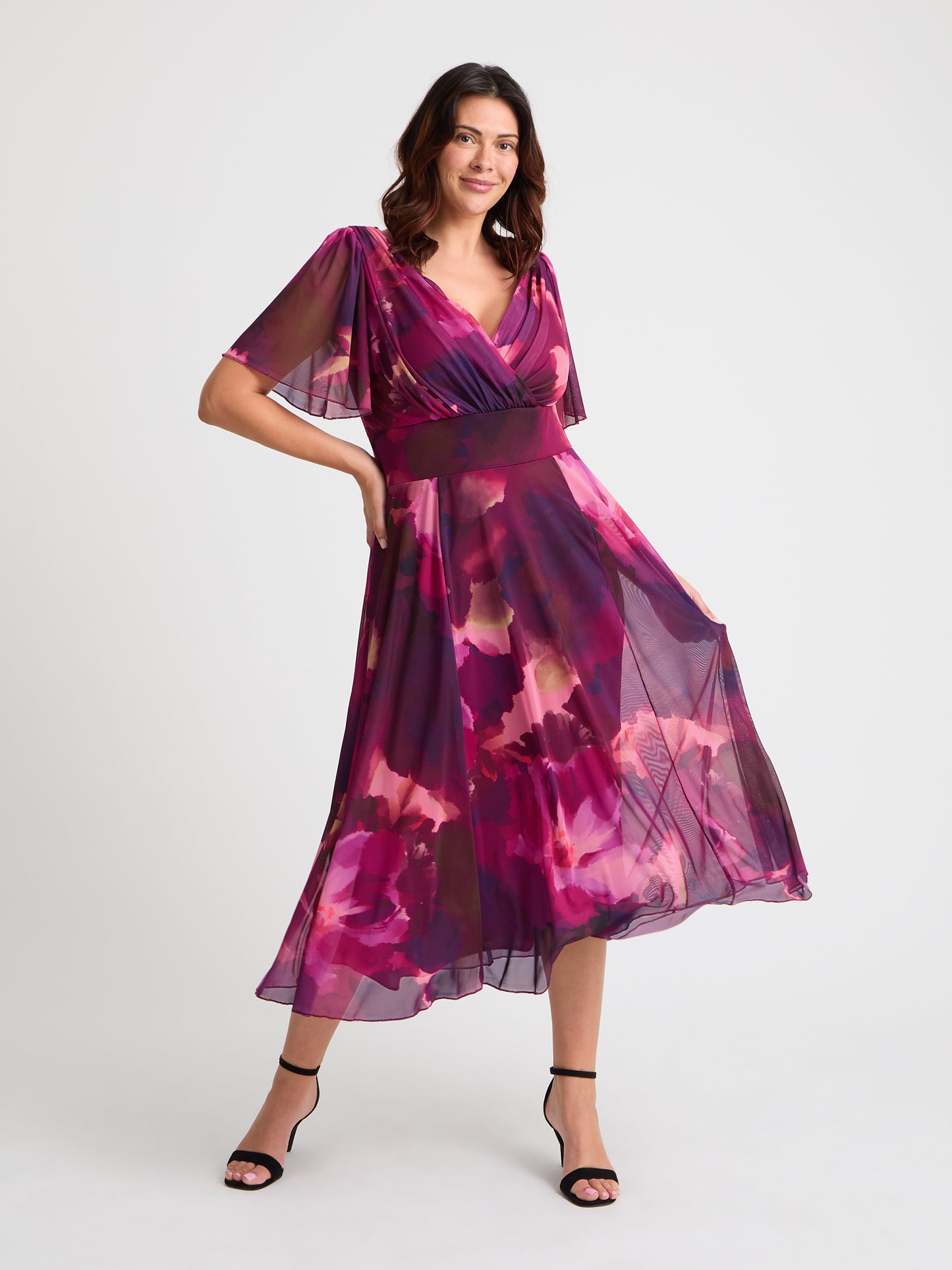 Victoria Wine Pink Angel Sleeve Mesh Long Midi Dress