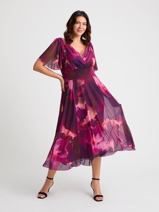 Victoria Wine Pink Angel Sleeve Mesh Long Midi Dress