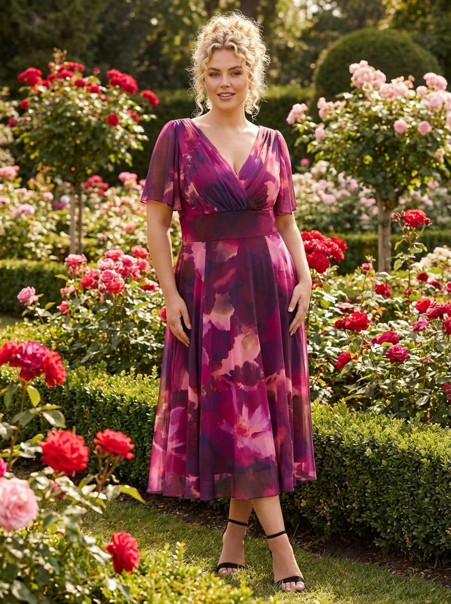 Victoria Wine Pink Angel Sleeve Mesh Long Midi Dress