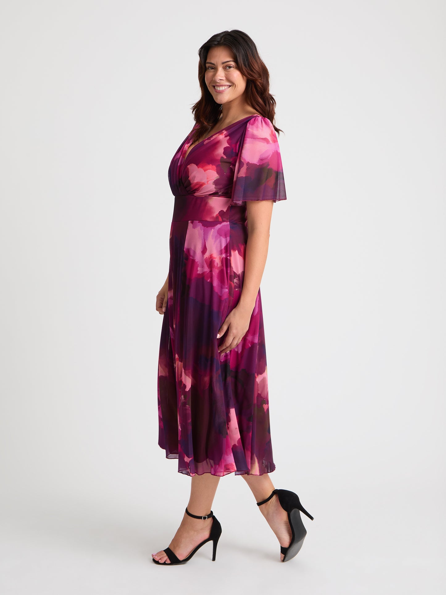Victoria Wine Pink Angel Sleeve Mesh Long Midi Dress