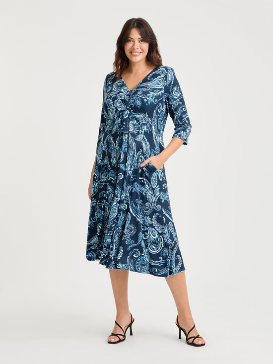 Claudia Navy Paisley Jersey Knot Front Dress