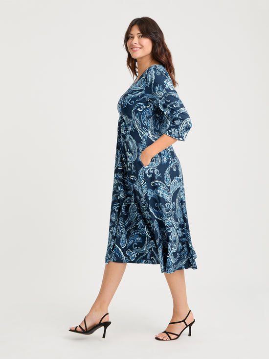 Claudia Navy Paisley Jersey Knot Front Dress