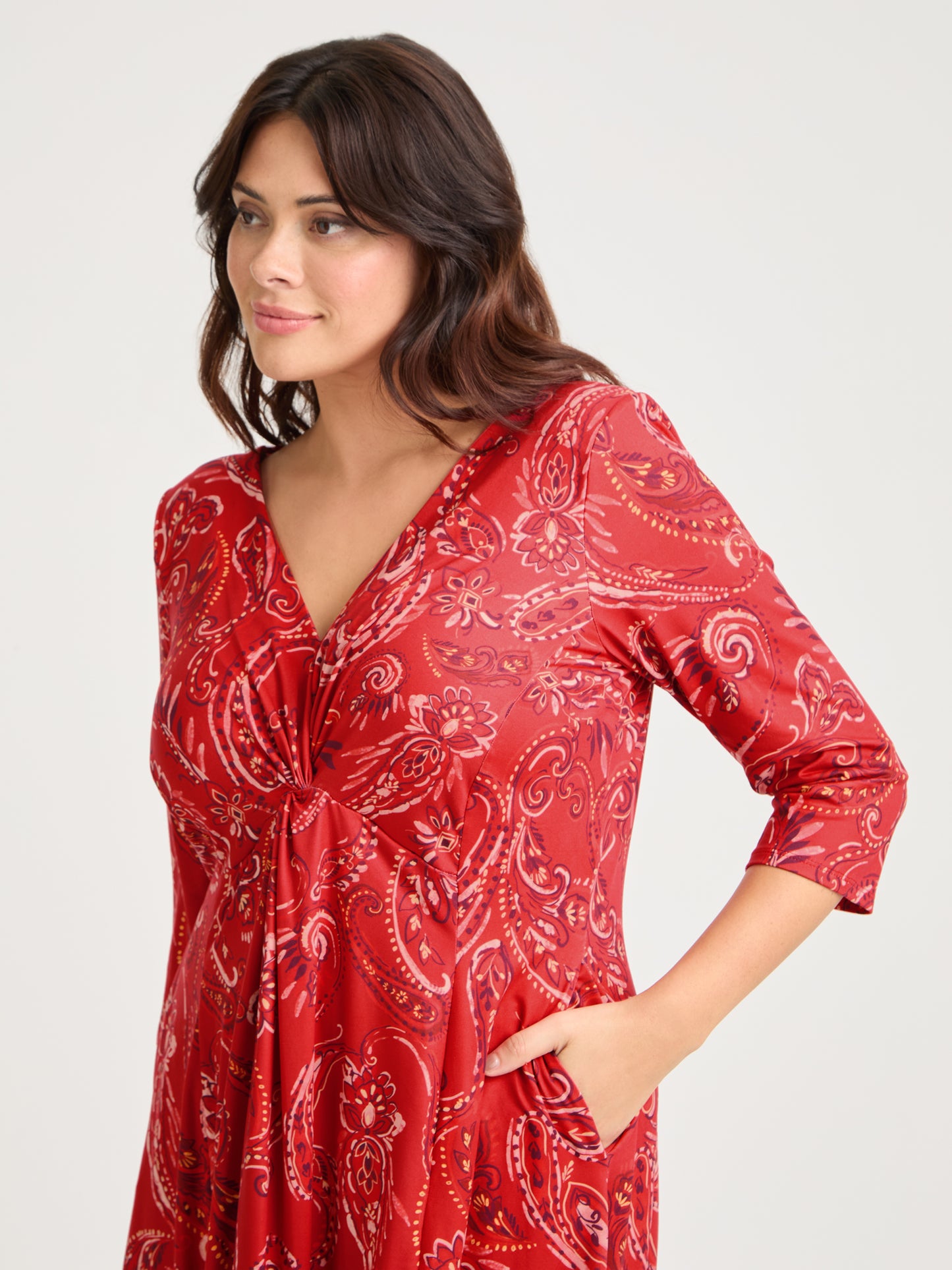 Claudia Red Paisley Jersey Knot Front Dress