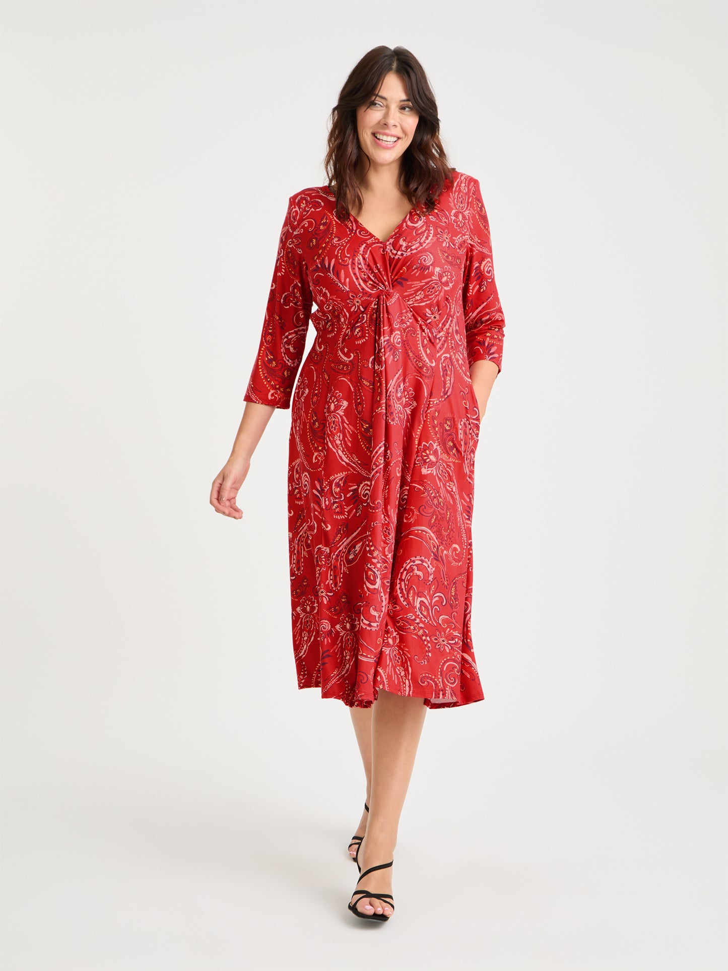 Claudia Red Paisley Jersey Knot Front Dress