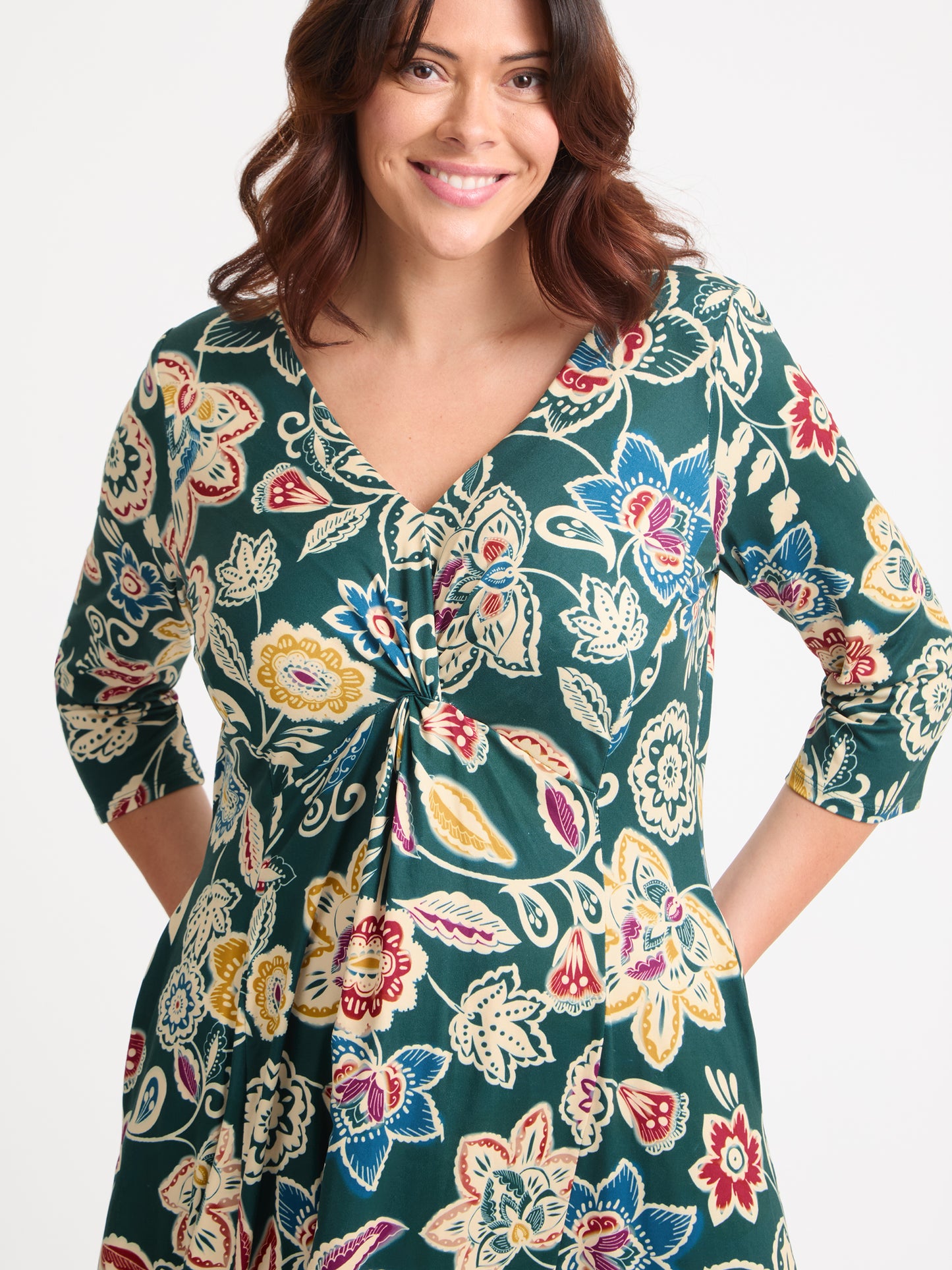 Claudia Green Cream Yellow Jersey Knot Front Dress