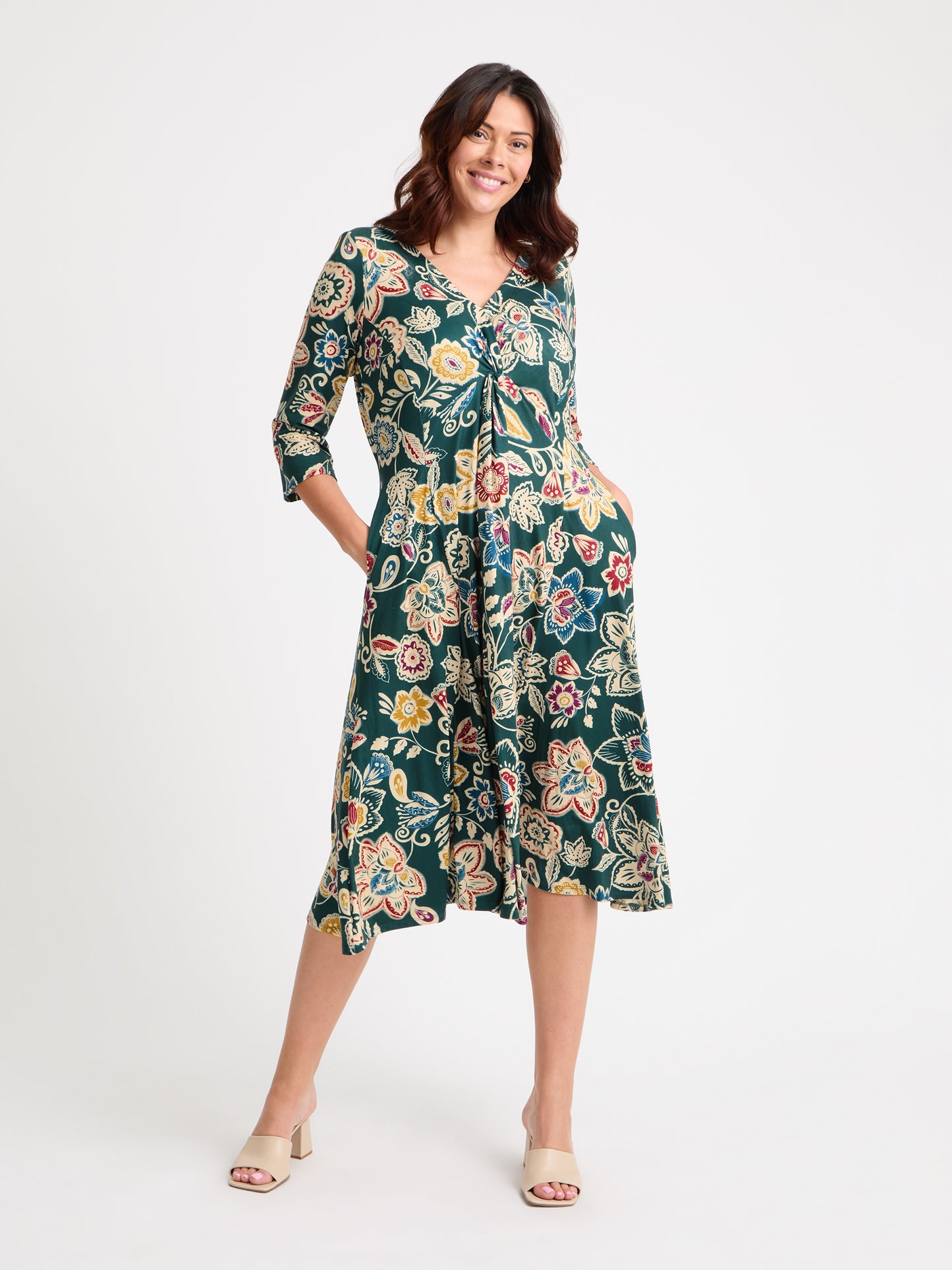 Claudia Green Cream Yellow Jersey Knot Front Dress