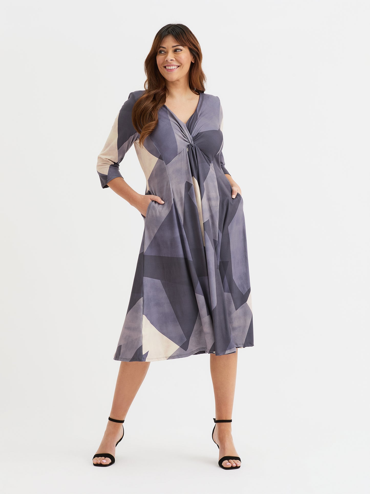 Claudia Grey Mushroom Print Jersey Knot Front Dress Scarlett & Jo Claudia Grey Mushroom Print Jersey Knot Front Dress Scarlett & Jo