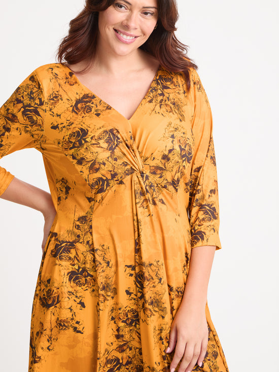 Claudia Mustard Rose Jersey Knot Front Dress