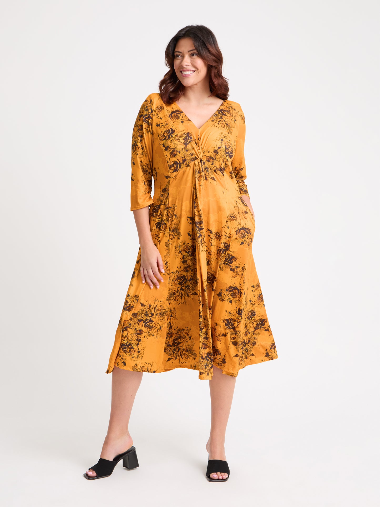 Claudia Mustard Rose Jersey Knot Front Dress
