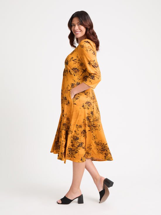 Claudia Mustard Rose Jersey Knot Front Dress