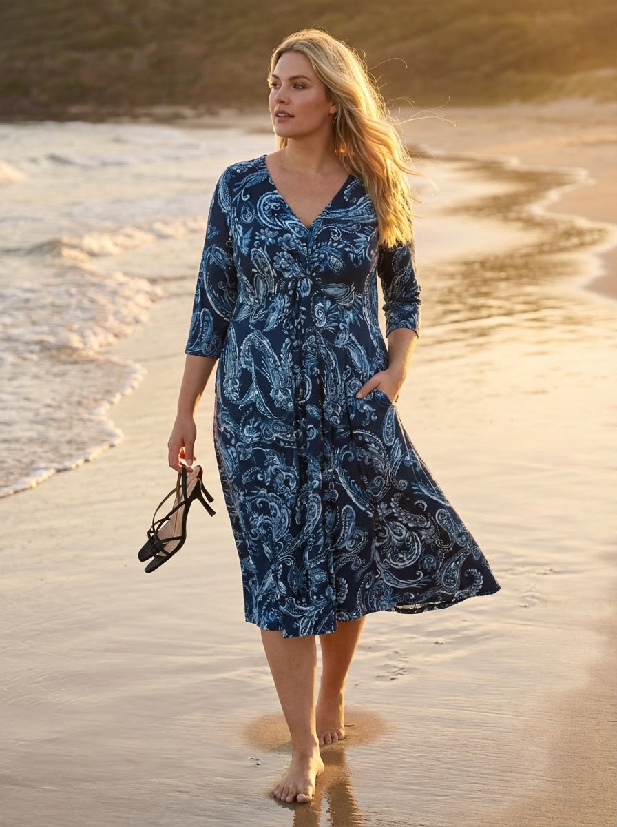 Claudia Navy Paisley Jersey Knot Front Dress Scarlett & Jo Claudia Navy Paisley Jersey Knot Front Dress Scarlett & Jo