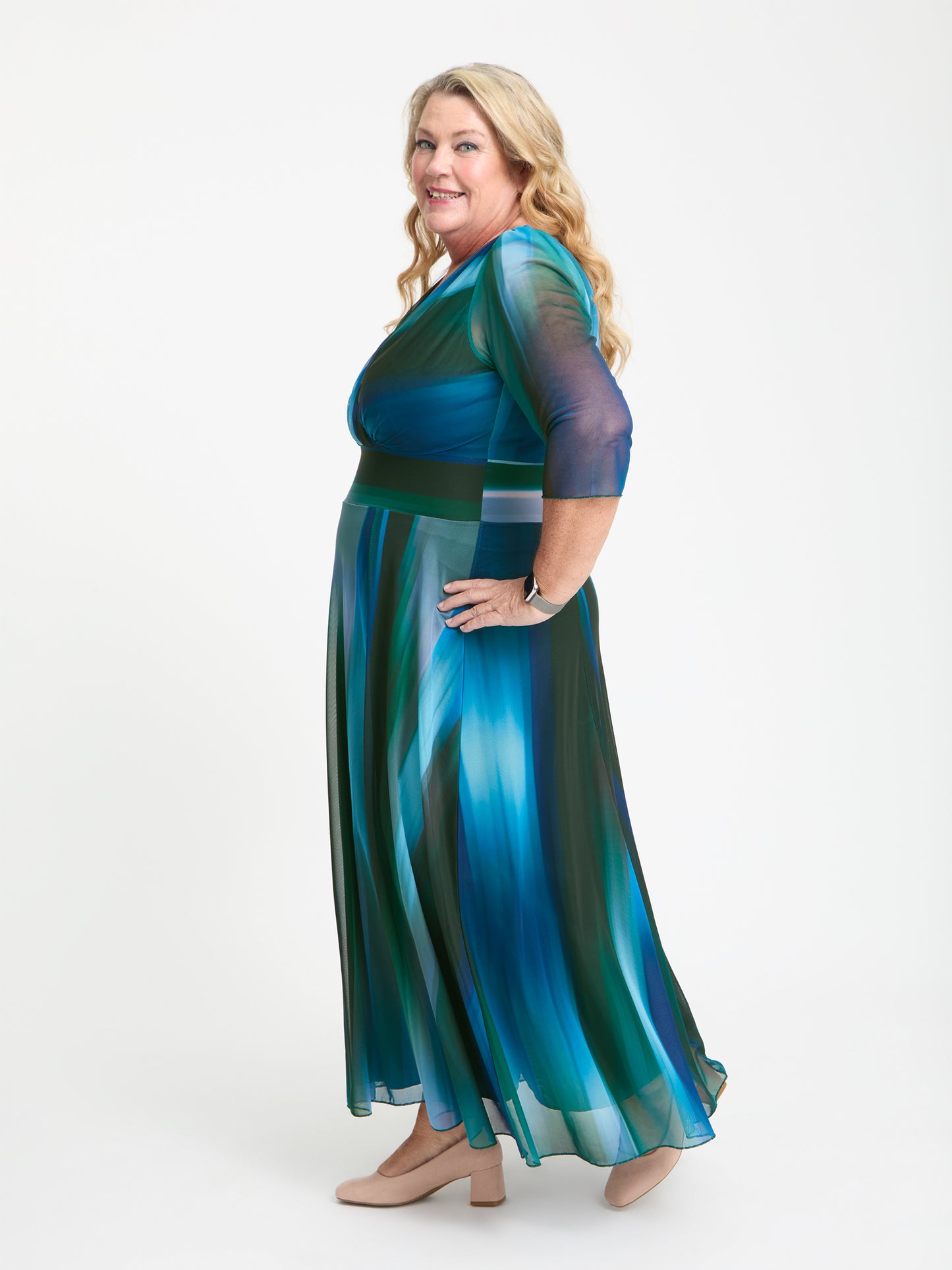Petite Verity Green Blue Ikat Print Maxi Gown