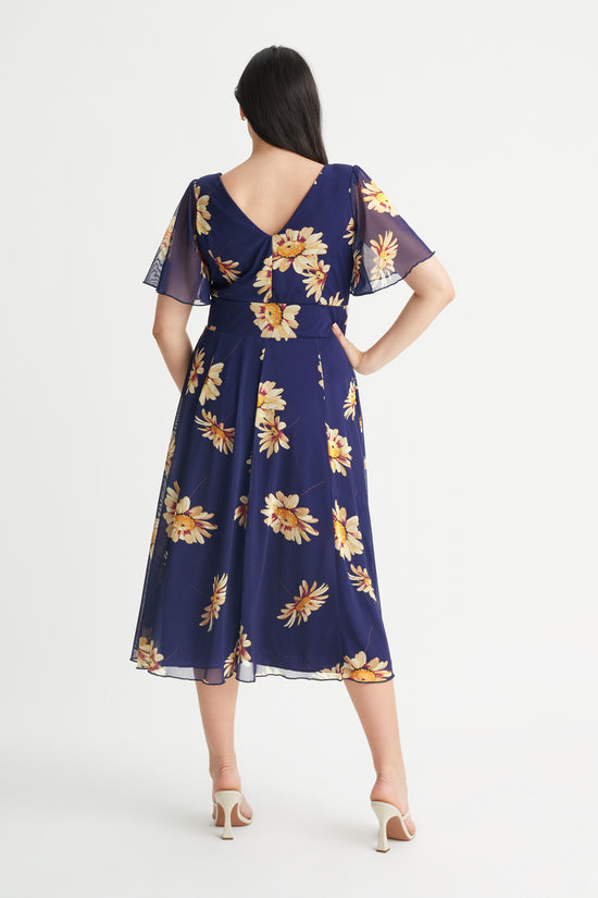 Victoria Navy Sunflower Angel Sleeve Mesh Long Midi Dress