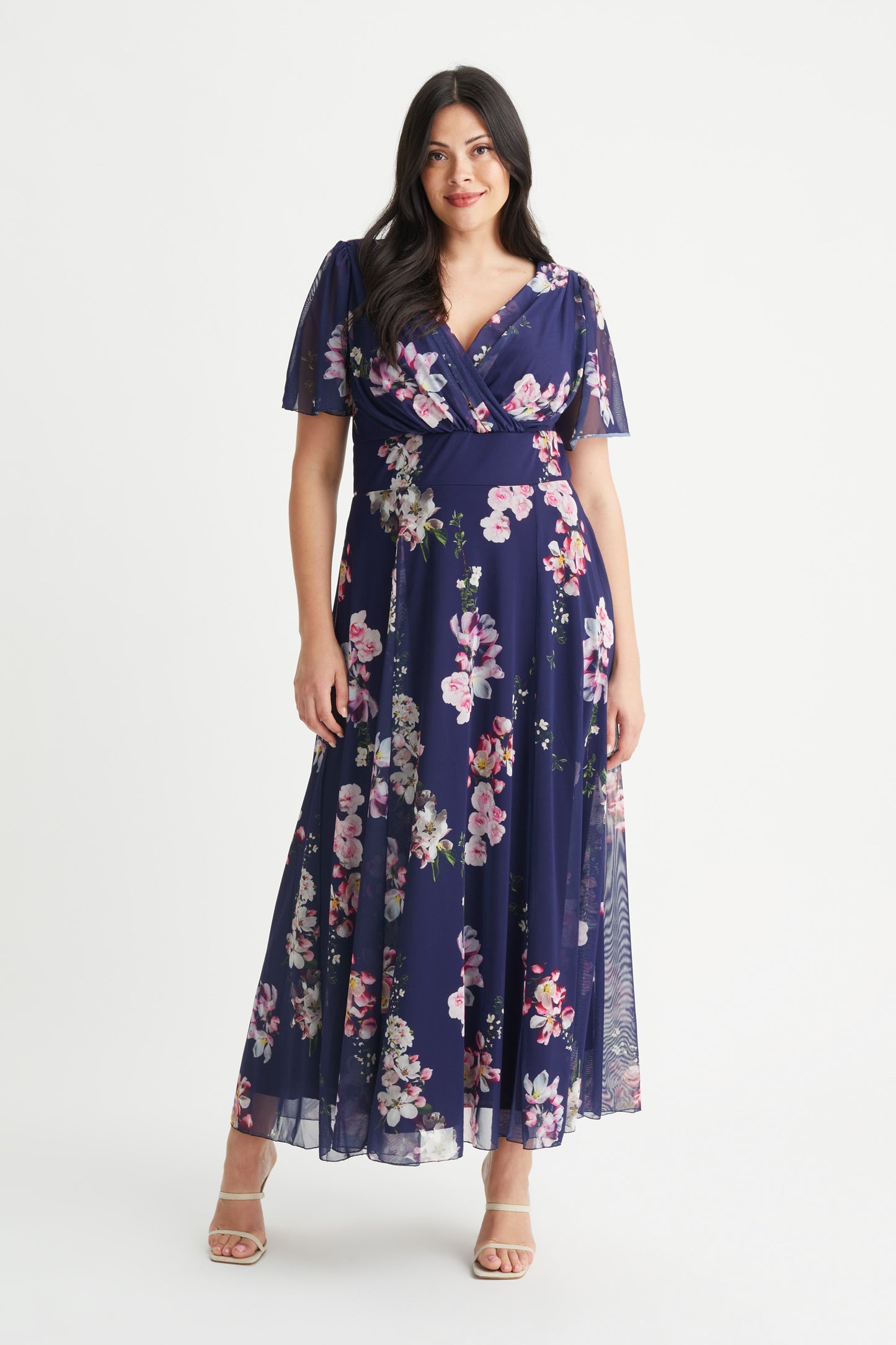 Isabelle Navy Pink Flower Float Sleeve Maxi Dress Scarlett & Jo Isabelle Navy Pink Flower Float Sleeve Maxi Dress Scarlett & Jo