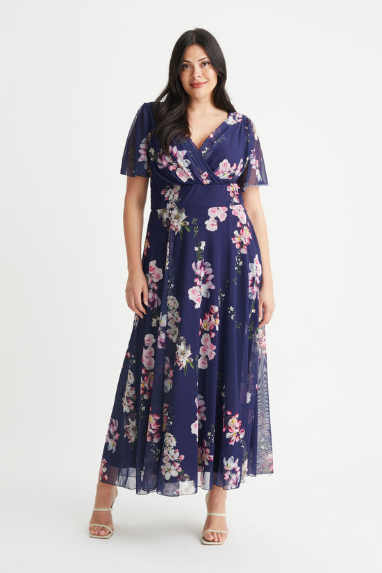 Load image into Gallery viewer, Isabelle Navy Pink Flower Float Sleeve Maxi Dress
