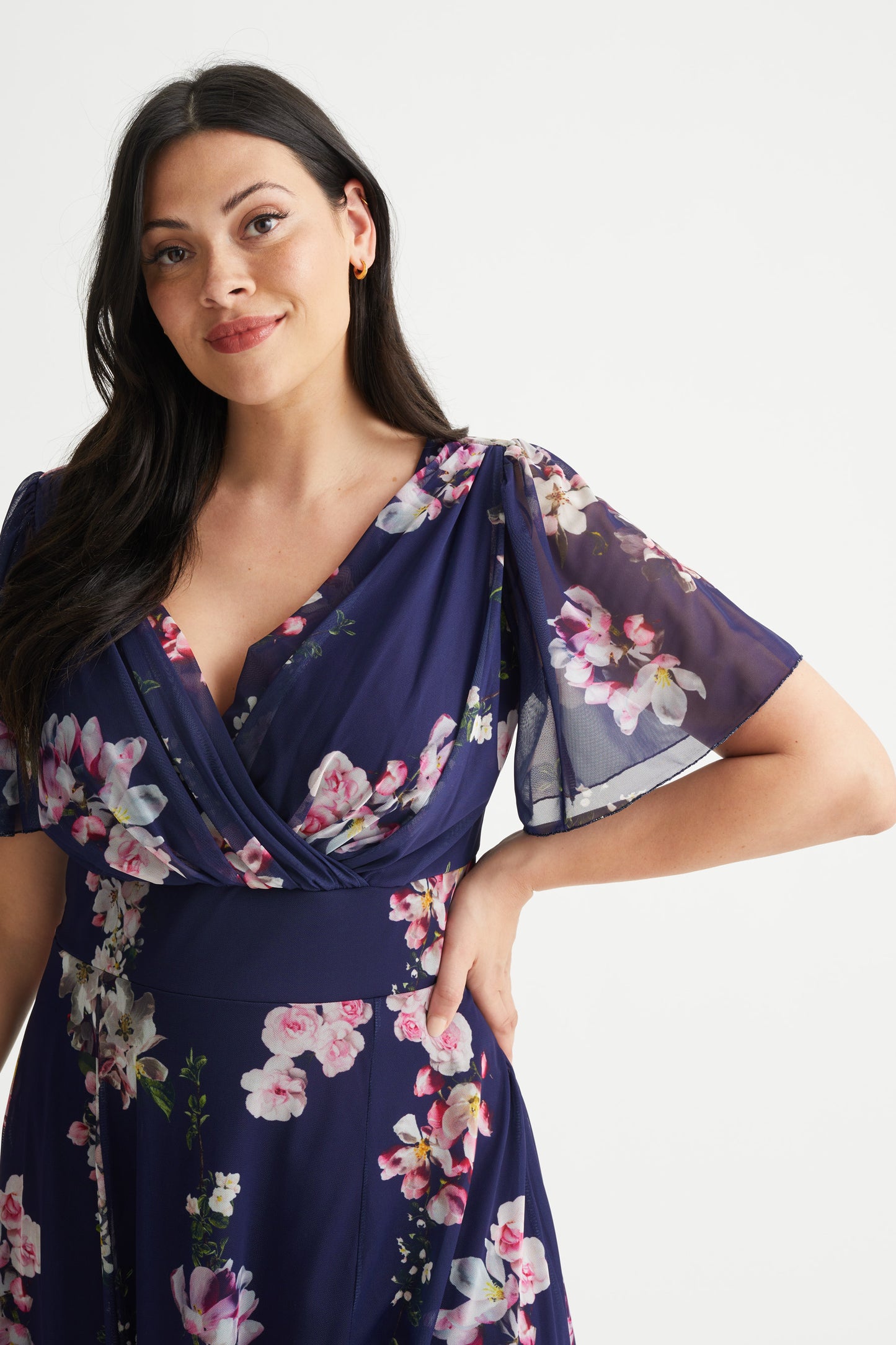 Load image into Gallery viewer, Isabelle Navy Pink Flower Float Sleeve Maxi Dress
