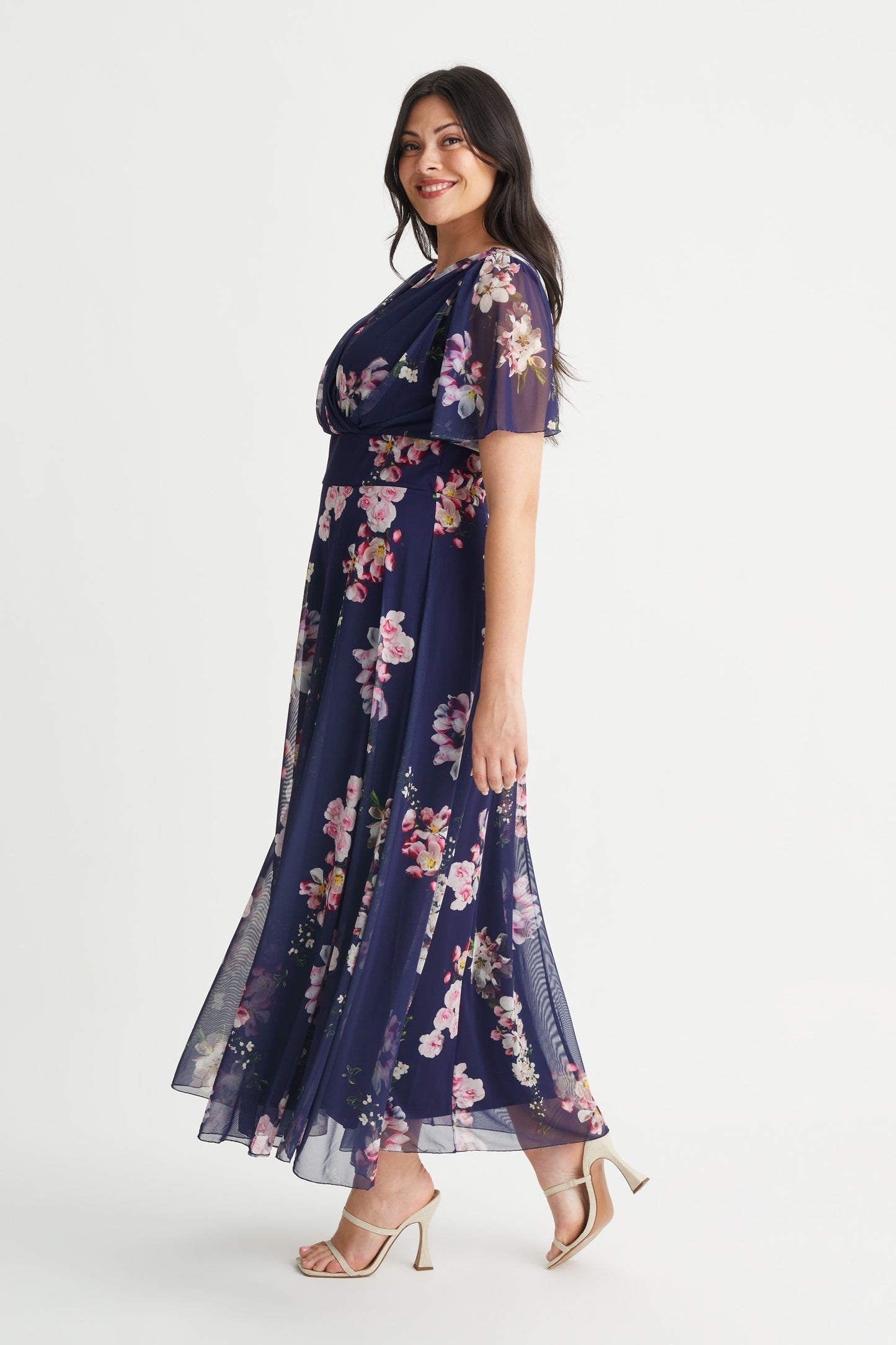 blue maxi dress with pink flowers Isabelle Navy Pink Flower Float Sleeve Maxi Dress – Scarlett & Jo