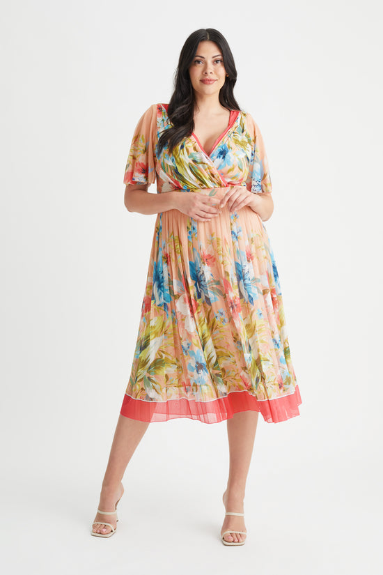 Load image into Gallery viewer, Cleo Pink Border Print Knife Pleated Skirt Midi Dress
