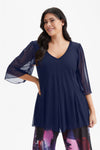 Navy Pleated V Neck Tunic