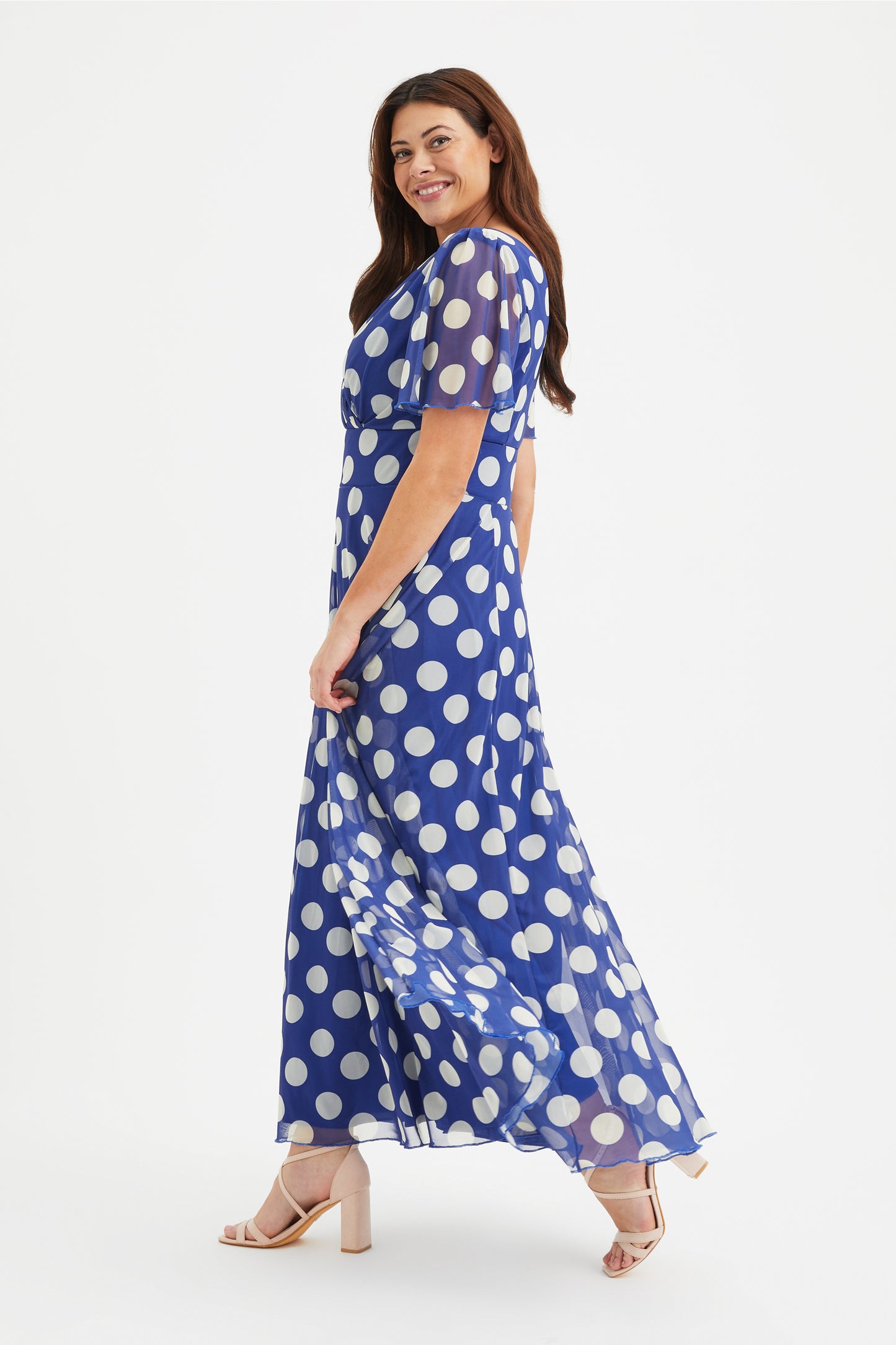 Isabelle Royal Blue Cream Lollidot Print Float Sleeve Maxi Dress