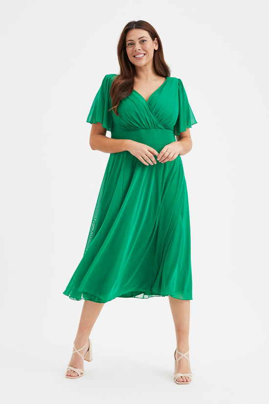 Victoria Solid Green Angel Sleeve Mesh Midi Dress