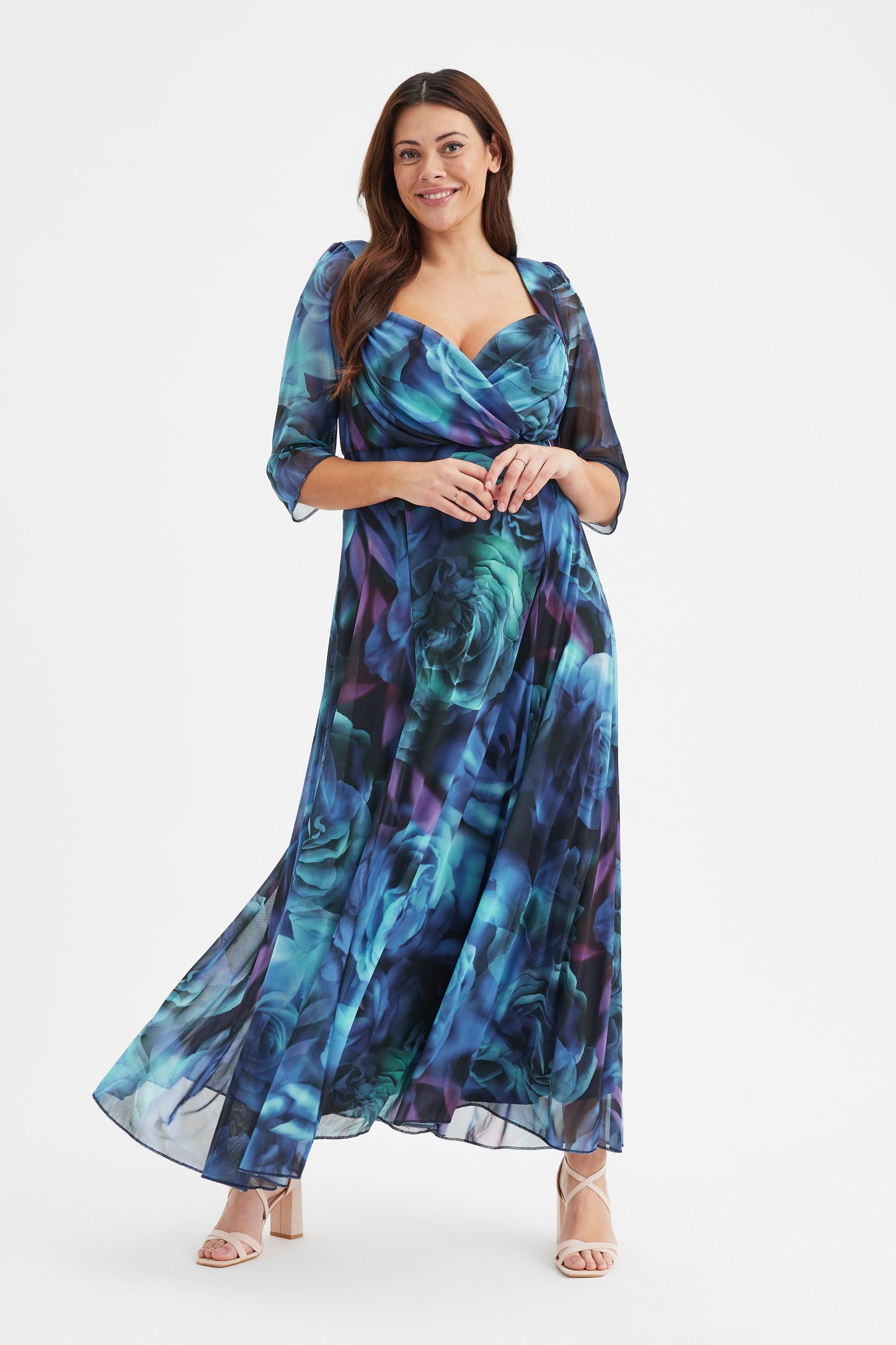 Elizabeth Teal Blue Print Mesh Maxi Gown