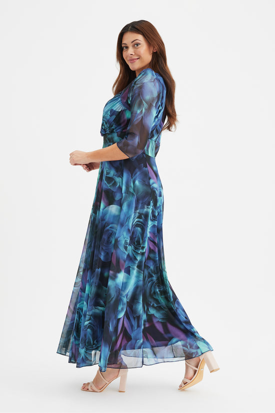 Elizabeth Teal Blue Print Mesh Maxi Gown