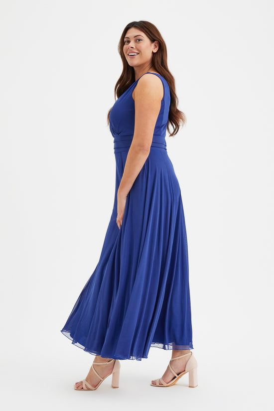 Nancy Marilyn Solid Royal Blue Mesh Maxi Dress