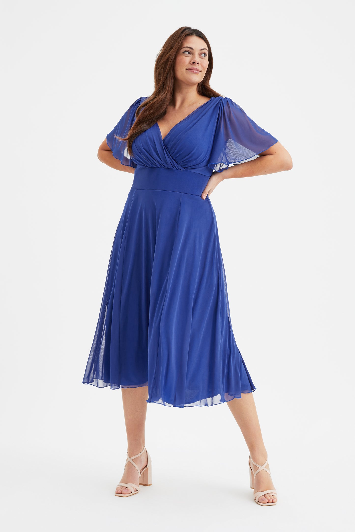 Victoria Solid Royal Blue Angel Sleeve Mesh Midi Dress  Scarlett & Jo